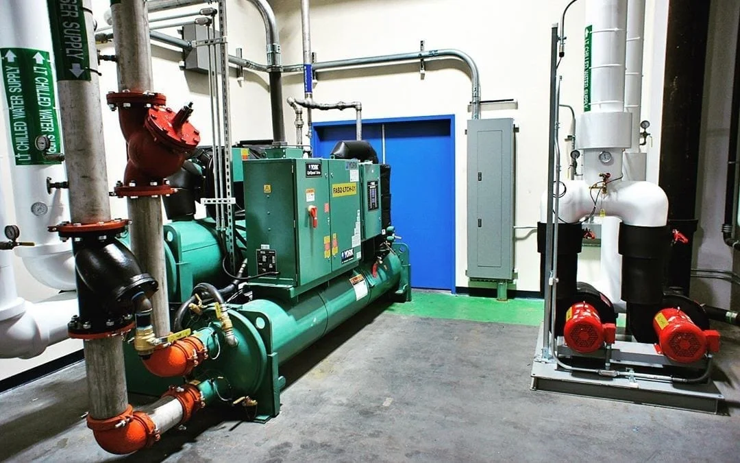 Recent installation for semiconductor laboratories: 150 ton 38° F chiller replaces three 60 Ton air cooled units used to provide high level dehumidification. #Chillers #LowTempChiller #WaterCooledRotaryScrewChiller #VSDChiller #DuplexPumpSkid