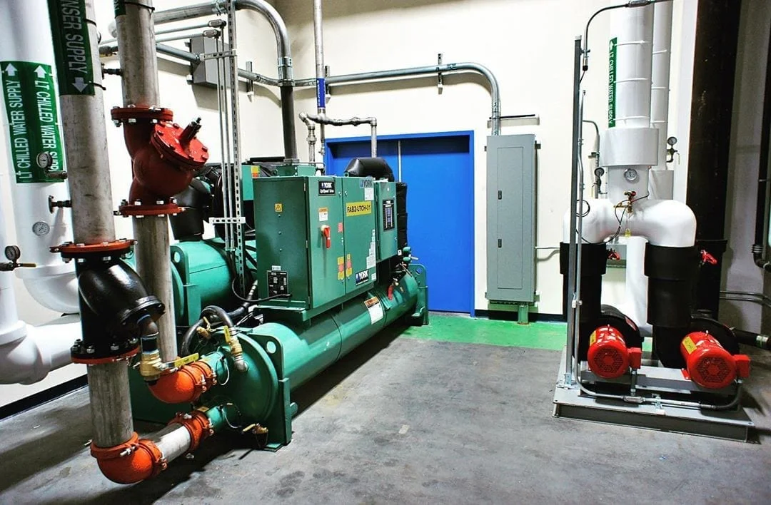 Recent installation for semiconductor laboratories: 150 ton 38° F chiller replaces three 60 Ton air cooled units used to provide high level dehumidification.