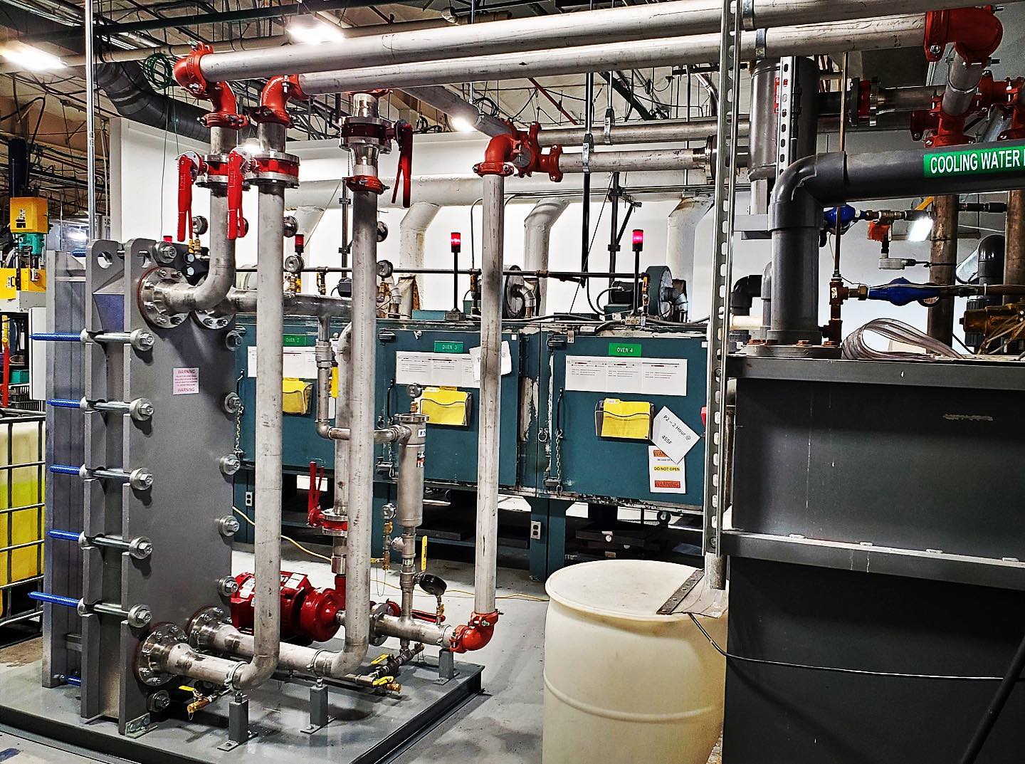Recently-installed heat exchanger skid to convert open process cooling system to a closed loop. This eliminates fouling in Freudenberg’s molding machines, increasing the cooling effect, increasing production output, and reducing maintenance costs.